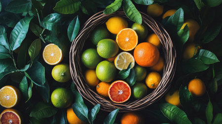 A basket filled with assorted citrus fruits, including oranges, lemons, and limes, with leaves scattered around.の素材