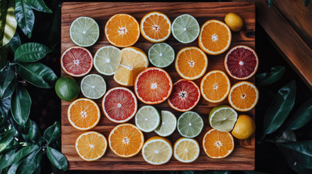 A collection of sliced citrus fruits, including oranges, lemons, and limes, arranged in a circular pattern on a wooden board.の素材