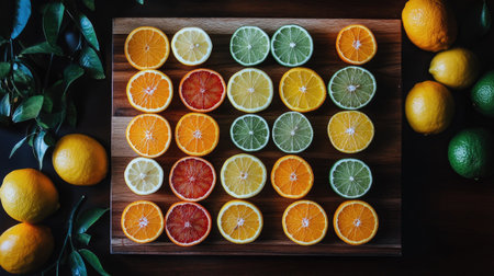 A collection of sliced citrus fruits, including oranges, lemons, and limes, arranged in a circular pattern on a wooden board. -の素材