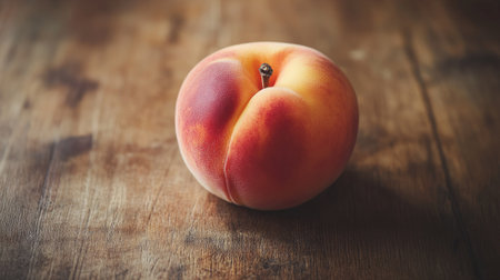 A close-up of a ripe, juicy peach with a soft, velvety skin, placed on a rustic wooden table. -の素材