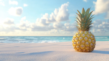 A tropical pineapple with a golden-brown rind, standing tall on a sandy beach background.の素材
