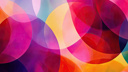 A vibrant, abstract background with overlapping circles in bright, contrasting colors.の素材