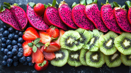 A vibrant fruit platter featuring dragon fruit, kiwi, strawberries, and blueberries, perfect for a summer picnic.の素材