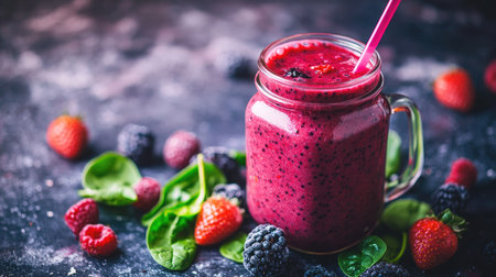 A vibrant smoothie made with fresh berries, spinach, and yogurt, served in a mason jar with a straw, placed on a rustic table.の素材