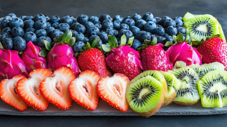 A vibrant fruit platter featuring dragon fruit, kiwi, strawberries, and blueberries, perfect for a summer picnic.の素材
