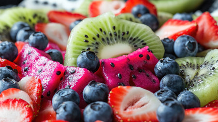 A vibrant fruit platter featuring dragon fruit, kiwi, strawberries, and blueberries, perfect for a summer picnic.の素材