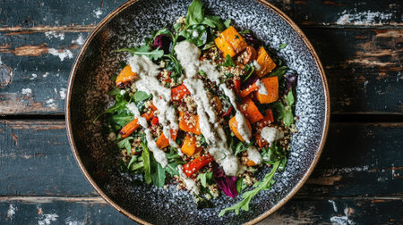 A vibrant plate of roasted vegetables with quinoa, drizzled with a tahini dressing, served on a rustic table.の素材