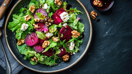 A vibrant salad with mixed greens, roasted beets, goat cheese, and walnuts, drizzled with balsamic vinaigrette.の素材