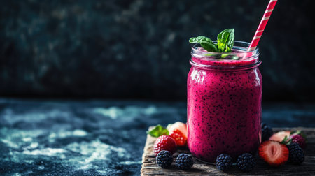 A vibrant smoothie made with fresh berries, spinach, and yogurt, served in a mason jar with a straw, placed on a rustic table.の素材