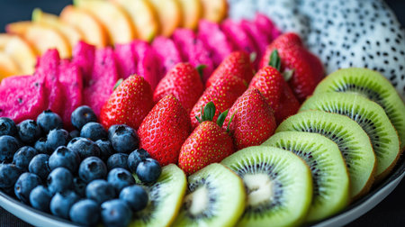 A vibrant fruit platter featuring dragon fruit, kiwi, strawberries, and blueberries, perfect for a summer picnic.の素材