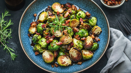 A vibrant plate of roasted Brussels sprouts with balsamic glaze and crispy bacon bits.の素材
