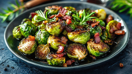 A vibrant plate of roasted Brussels sprouts with balsamic glaze and crispy bacon bits.の素材
