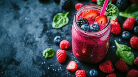 A vibrant smoothie made with fresh berries, spinach, and yogurt, served in a mason jar with a straw.の素材