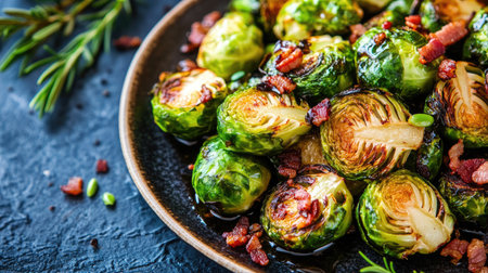 A vibrant plate of roasted Brussels sprouts with balsamic glaze and crispy bacon bits.の素材