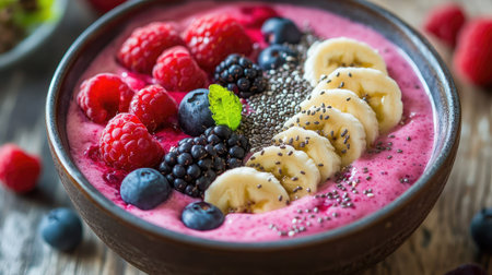 A vibrant smoothie bowl topped with fresh berries, sliced bananas, and chia seeds, placed on a wooden table.の素材