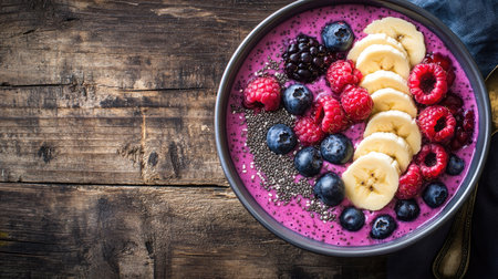 A vibrant smoothie bowl topped with fresh berries, sliced bananas, and chia seeds, placed on a wooden table.の素材