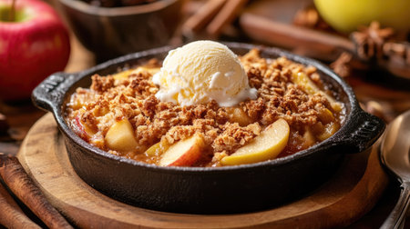 A warm apple crumble with a buttery topping, served with a scoop of vanilla ice cream.の素材