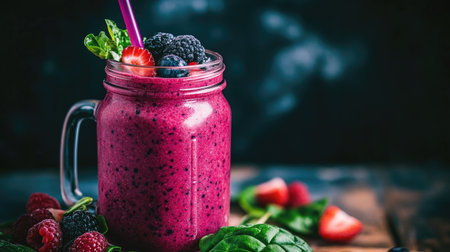 A vibrant smoothie made with fresh berries, spinach, and yogurt, served in a mason jar with a straw, placed on a rustic table.の素材