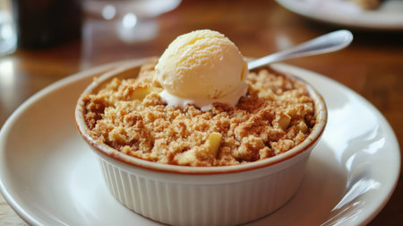 A warm apple crumble with a buttery topping, served with a scoop of vanilla ice cream.の素材