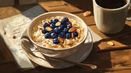 A warm bowl of oatmeal topped with fresh blueberries, sliced almonds, and a drizzle of honey, served with a cup of coffee.の素材