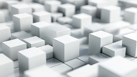 Abstract background with a 3D effect, featuring cubes and geometric shapes in shades of gray and white.の素材