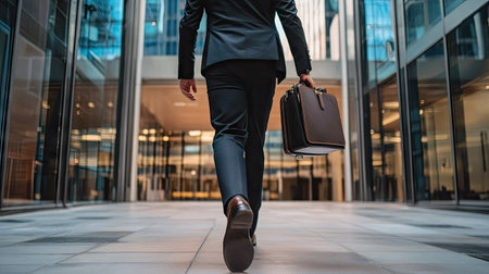 Businessperson holding a briefcase, walking confidently into an office building.の素材
