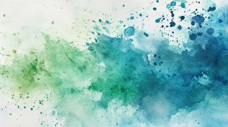 Abstract watercolor background with splashes of blue and green, blending together on textured paper.の素材