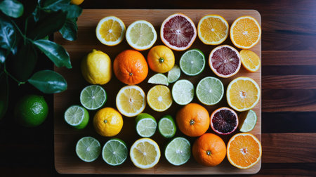 An overhead view of a citrus assortment, including lemons, limes, and oranges, on a cutting board.の素材