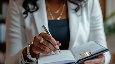 Businesswoman writing notes in a planner, symbolizing organization and time management.の素材