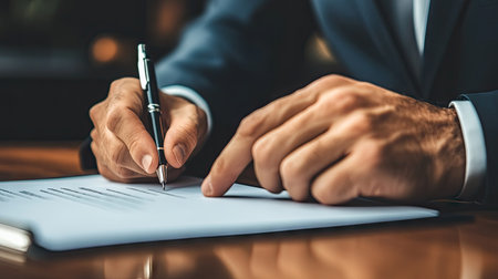 Close-up of a businessman hand signing a contract, symbolizing the finalization of a deal.の素材