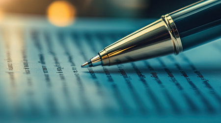 Close-up of a pen signing a business contract, symbolizing the finalization of a deal.の素材