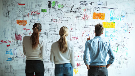 Entrepreneurs brainstorming ideas for a startup, with a whiteboard full of diagrams in the background.の素材