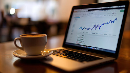 Laptop displaying a stock market graph, with a cup of coffee next to it, symbolizing work-life balance.の素材