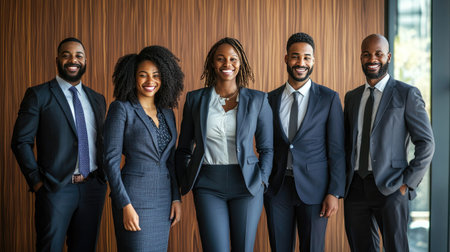 Diverse business team standing together, smiling, and looking confident in a corporate setting.の素材
