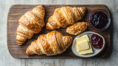 Freshly baked croissants on a wooden board, accompanied by butter and jam in small dishesの素材