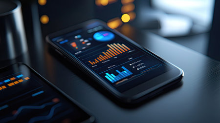 Close-up of a smartphone displaying a business dashboard, with financial metrics and graphs.の素材