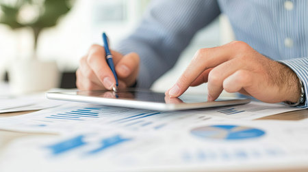 Entrepreneur reviewing financial data on a tablet, with documents spread out on the desk.の素材