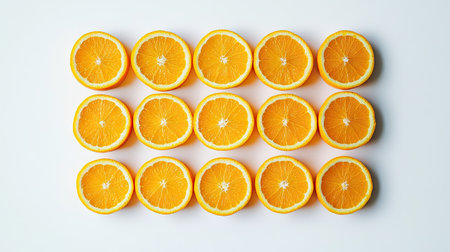 Sliced oranges arranged in a circular pattern on a white background, showcasing their bright, juicy flesh. -の素材