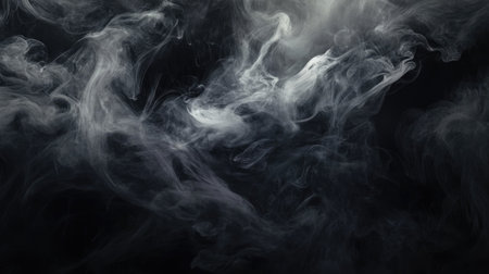Dark, moody abstract background with swirling clouds of smoke in shades of black and gray.の素材