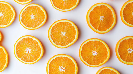 Sliced oranges arranged in a circular pattern on a white background, showcasing their bright, juicy flesh.の素材
