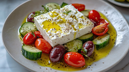 A vibrant Greek salad with feta cheese, olives, cucumber, and cherry tomatoes, drizzled with olive oil, served on a white plate.の素材