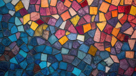 Abstract background with a mosaic pattern of small, colorful tiles arranged in a random order.の素材
