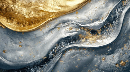 Abstract background with metallic textures and shimmering surfaces in silver and gold tones.の素材