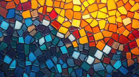 Abstract background with a mosaic pattern of small, colorful tiles arranged in a random order.の素材
