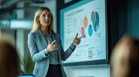 Businesswoman giving a presentation, pointing to a chart on a large screen in a conference room.の素材