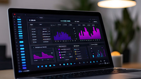 Close-up of a laptop screen displaying a business analytics dashboard, with data and charts.の素材