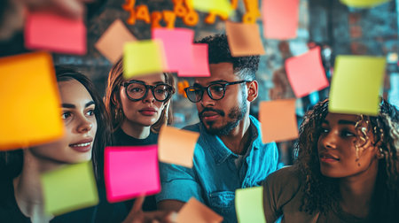 Group of diverse colleagues brainstorming ideas in a creative workspace, surrounded by sticky notes.の素材