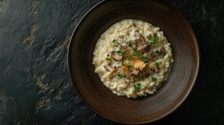 A beautifully arranged dish of creamy mushroom risotto in a rustic brown plate, set against a sleek black slate background, showcasing its rich textures and colors. Ample copy space allows for branding or text.の素材