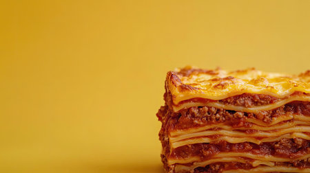 A close-up shot of a golden lasagna slice with rich layers of pasta, meat sauce, and cheese on one side, leaving ample copy space on a clean, neutral background for text or branding.の素材
