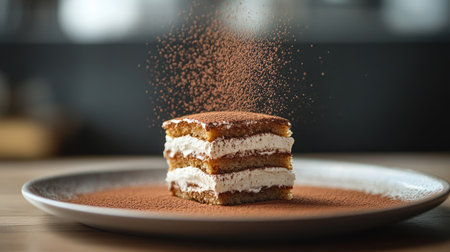 A captivating presentation of Tiramisu, showcasing the delicate layers of coffee-soaked ladyfingers and mascarpone, served on an elegant dish with a dusting of cocoa for a refined dessert experience.の素材